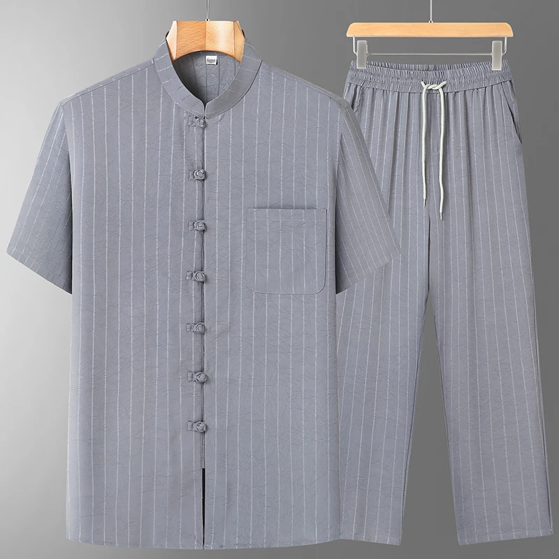 爸爸装夏装冰丝唐装男士中老年夏季薄款条纹短袖老年人爷爷装套装
