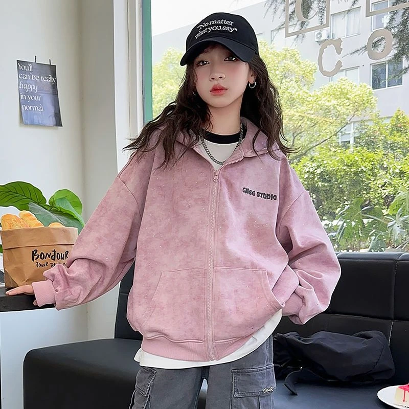 女童中大童时髦扎染拉链开衫外套春秋薄款高级感儿童连帽字母上衣