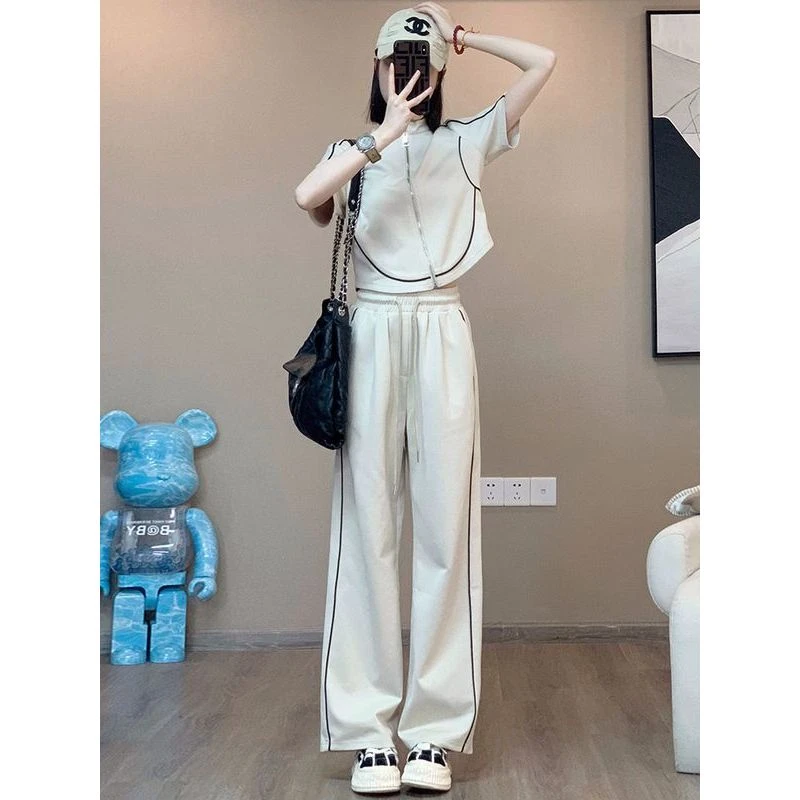 潮牌高端设计感休闲运动套装女夏2025新款短袖炸街阔腿裤两件套潮