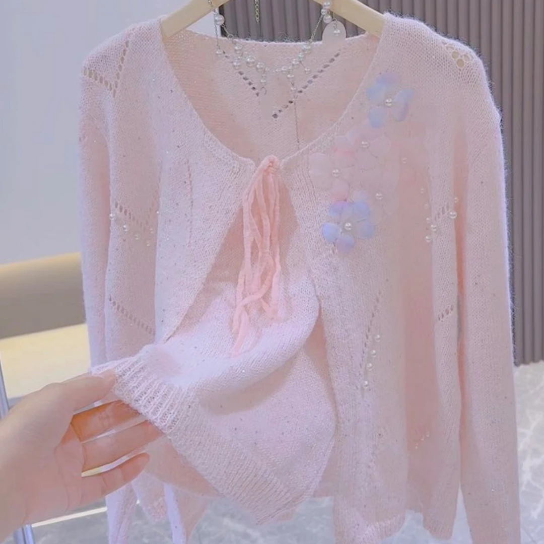 向钉珠镂空花花吊带背心针织开衫两件套