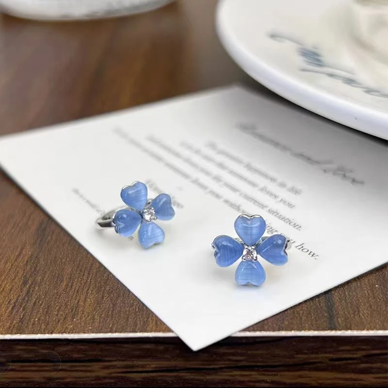 铜合金耳饰 冰透蓝色花朵耳扣小众精致百搭耳环小巧清新简约甜美