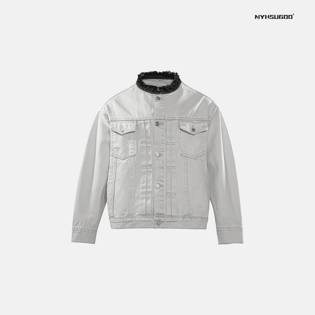 NYHSUGOO/南乙3517致橡树新品拼色毛边领牛仔做旧夹克男士春季
