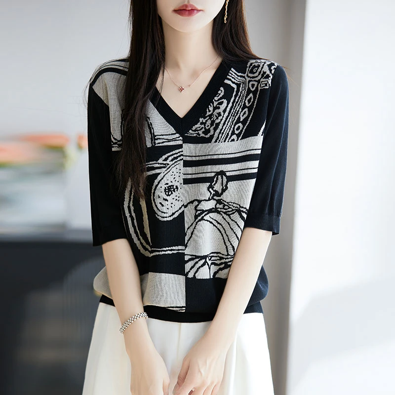 夏季新款韩版V领短袖针织衫女抽象图案宽松显瘦百搭天丝上衣