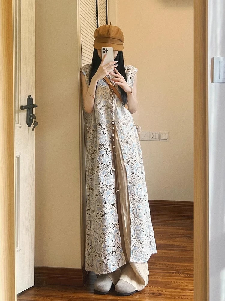 新中式蕾丝拼接镂空马甲女夏季新款宽松百搭休闲拖地长裤两件套潮