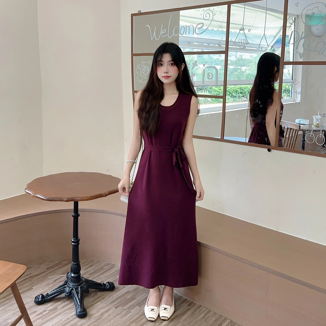 韩系简约无袖收腰连衣裙女士秋季修身显瘦气质中长款垂感长裙子潮