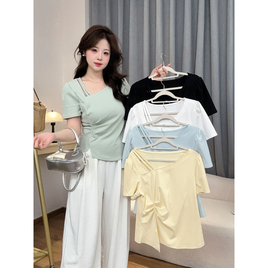 2025夏季新款大码胖mm正肩捏褶不规则T恤镂空设计感斜领上衣女