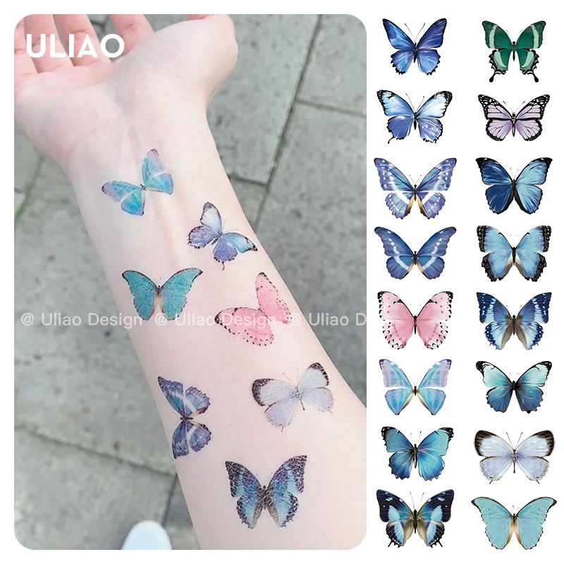 【16只】有料ULIAO蝴蝶彩色纹身贴防水持久ins风小清新手腕防水贴画