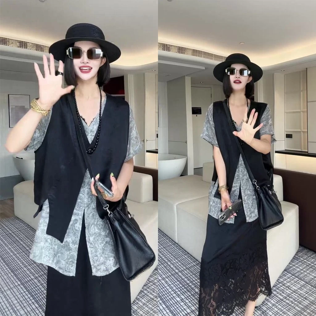 网红欧洲大码2025夏季圆领新款高级马甲中款T恤三件套时尚套装韩