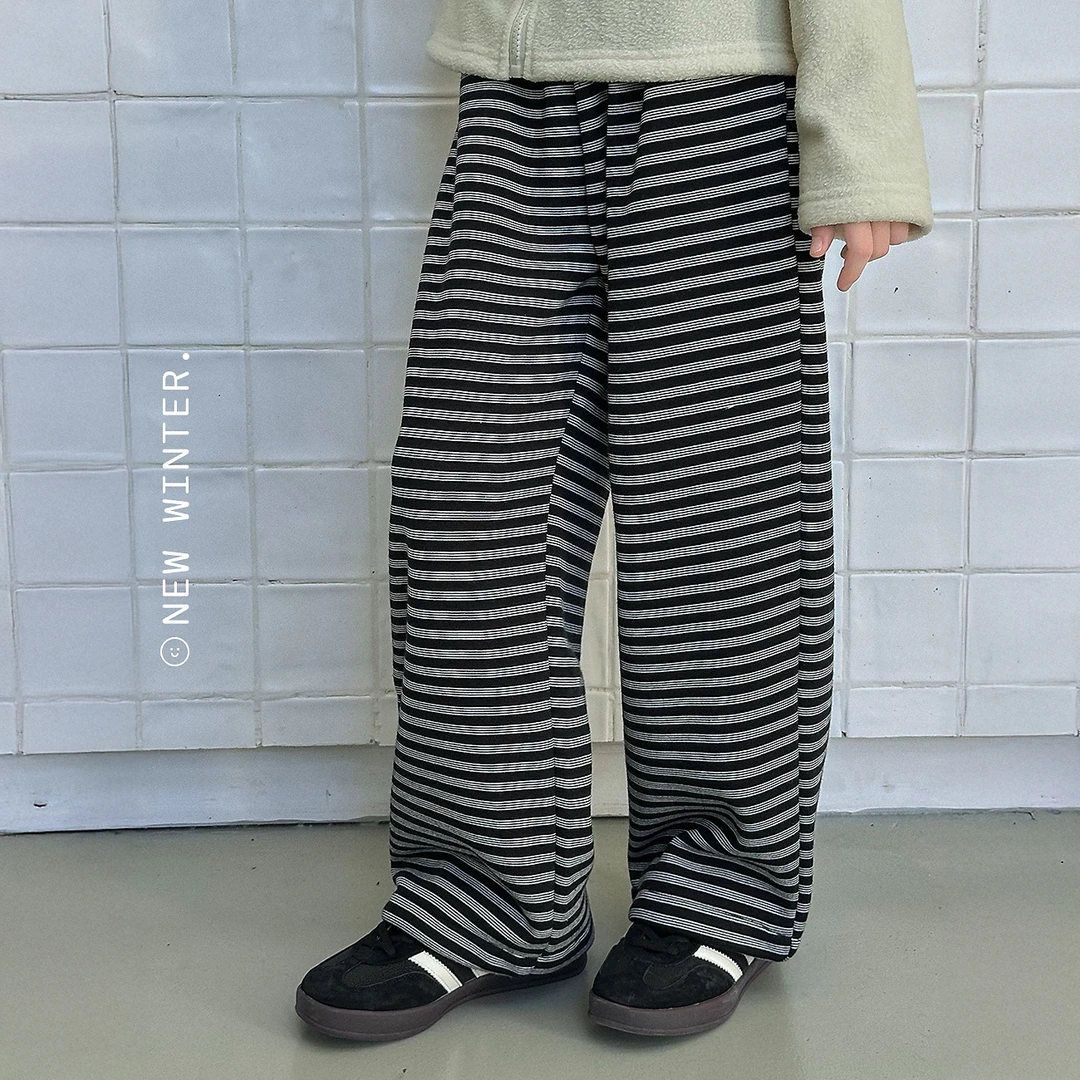 【唱片机-2】蓝小爸童装女童休闲裤冬季新款加绒条纹直筒裤