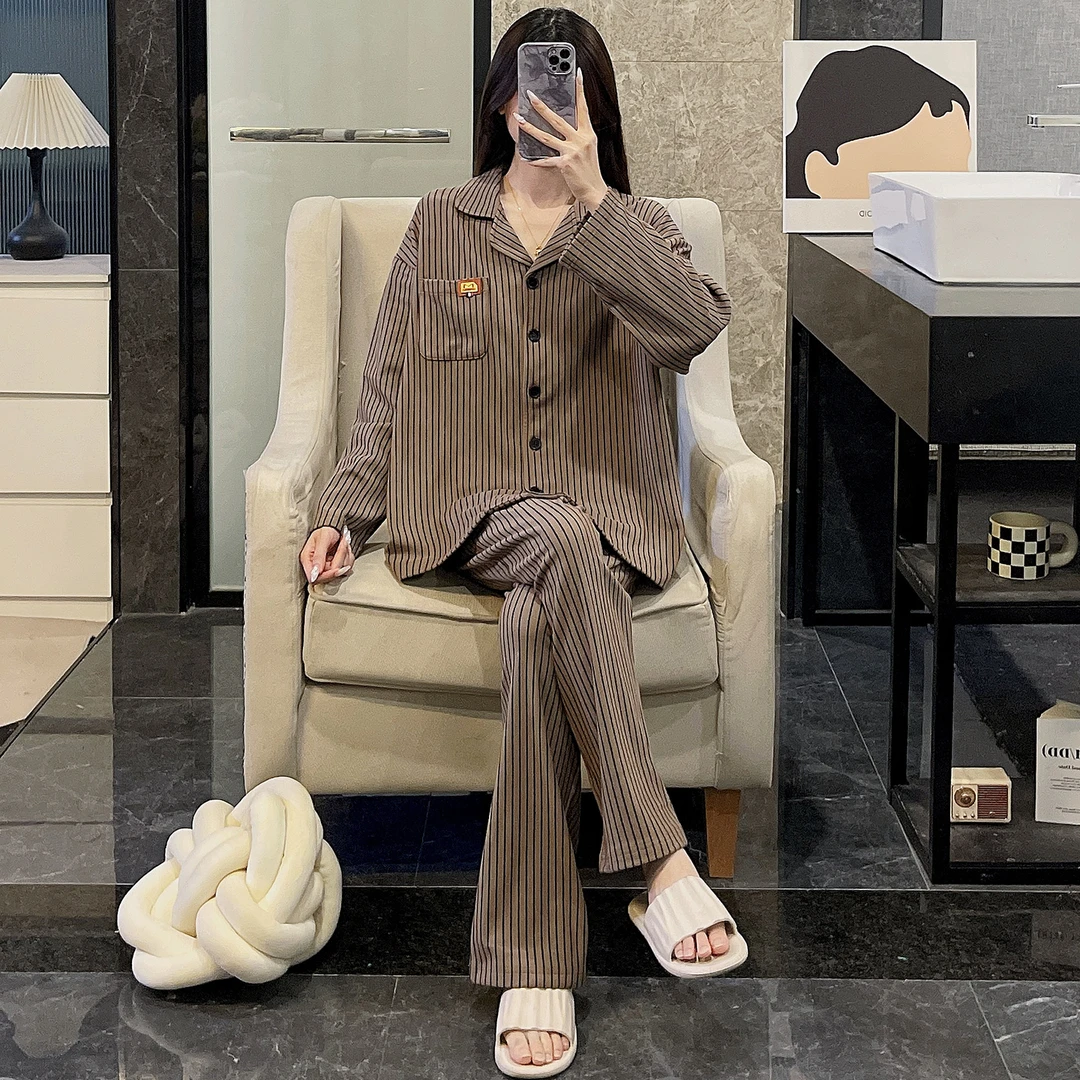 2025新款睡衣女士春秋季长袖大码德绒可外穿保暖棕竖条套装家居服