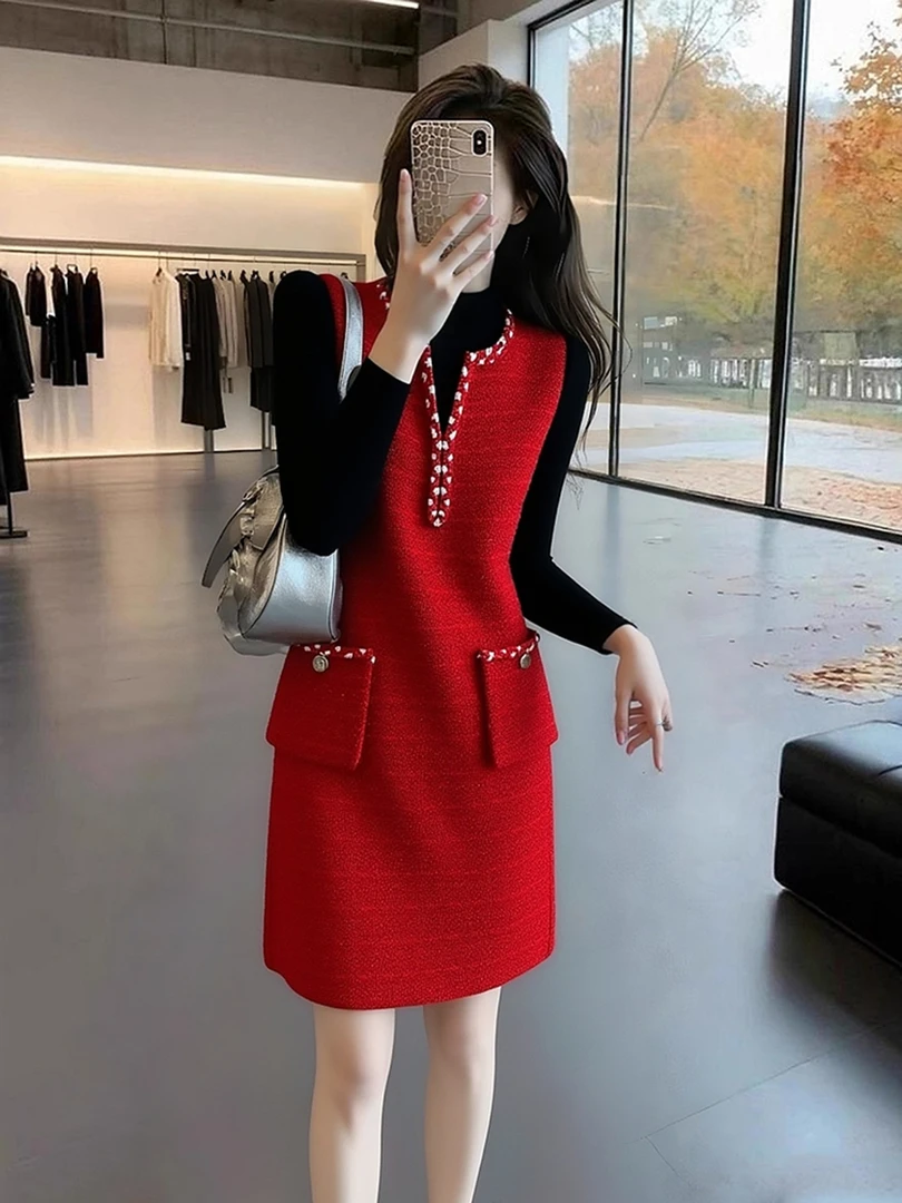 今年流行漂亮背心裙气质名媛女神范轻奢高级感红色背心连衣裙冬季
