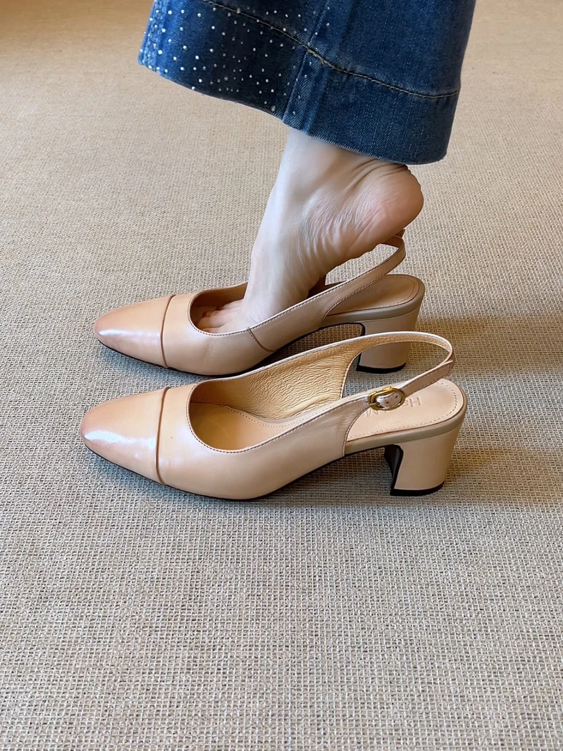 Elingjk/6cm舒适圆头后绊带粗跟通勤复古风简约百搭包头凉鞋