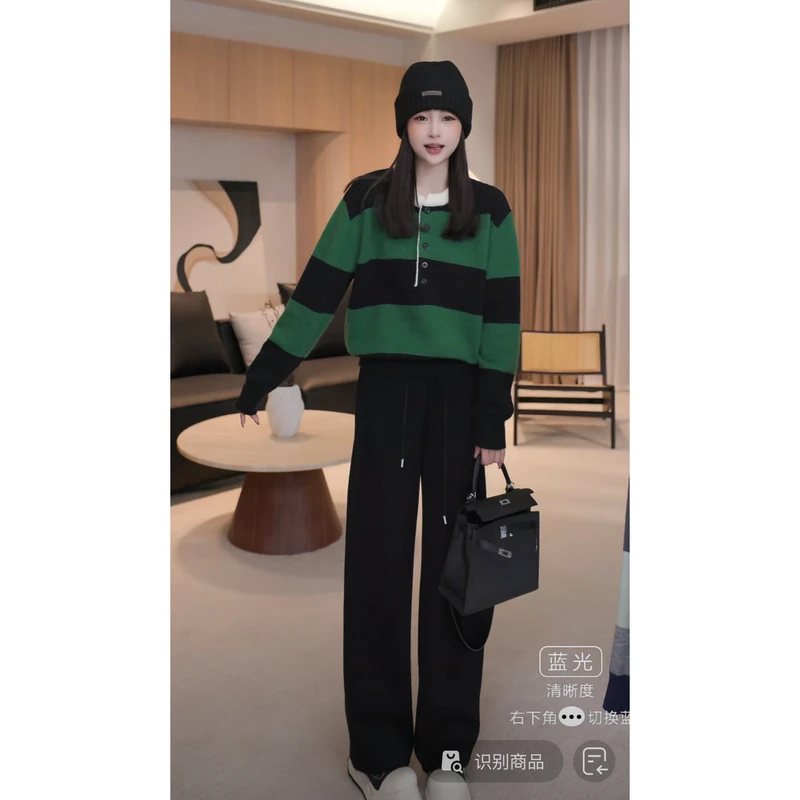 B11228冬季新款时尚宽松设计感拼色条纹套头针织毛衣