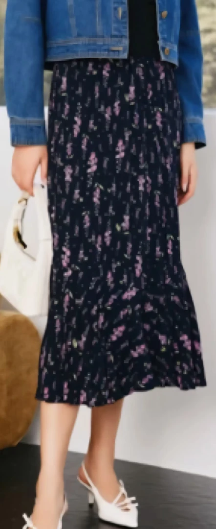 俪妍褶皱松紧腰碎花半裙气质时尚百搭半身裙中长款休闲