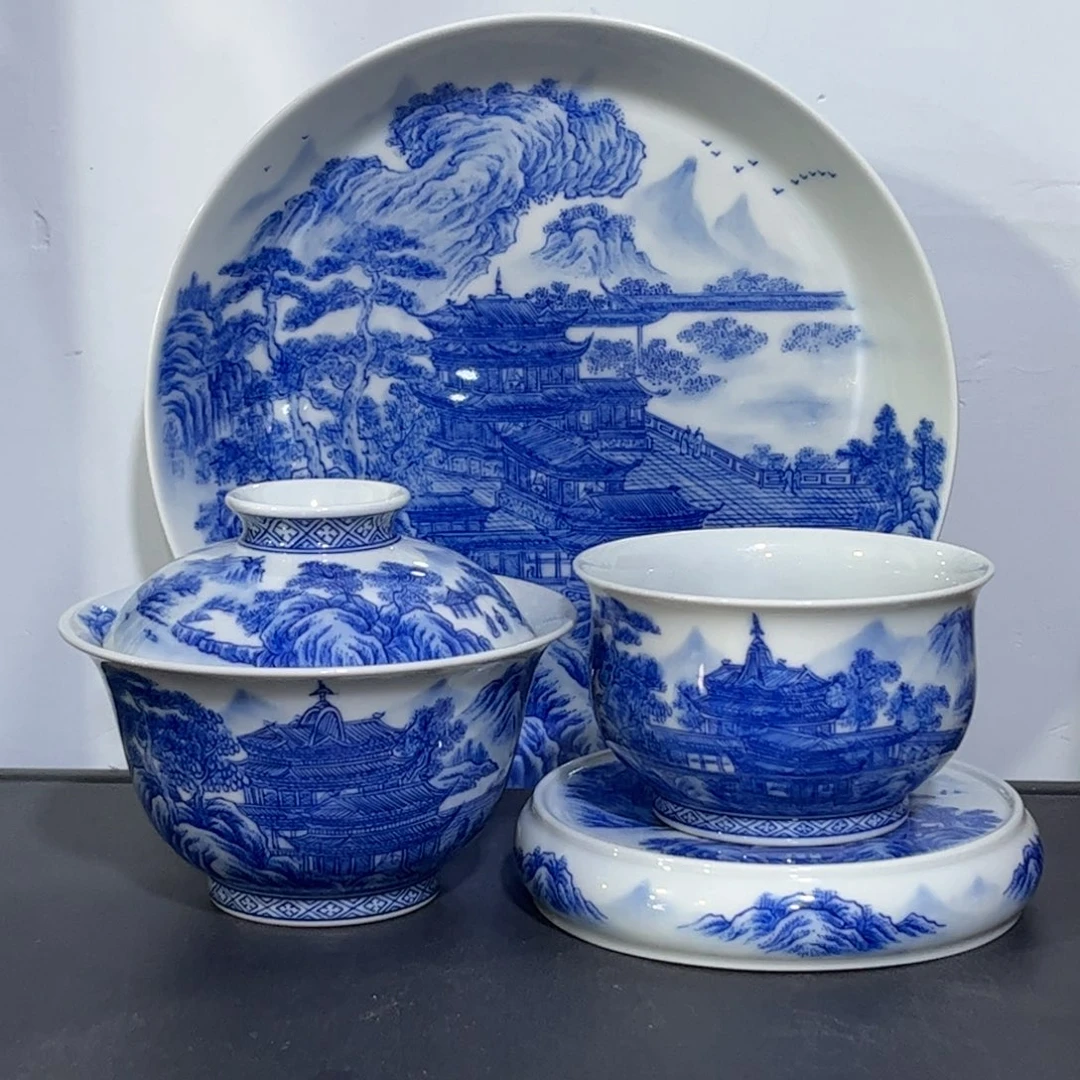 青花山水亭台楼阁四件套 可拆分