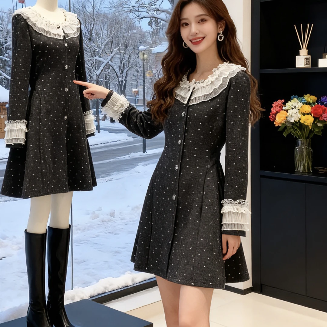 冬季新款大码女装时尚气质网纱拼接点点显瘦轻熟风连衣裙