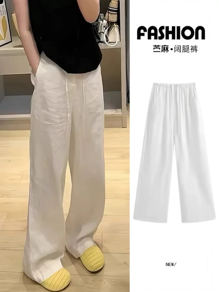 萍姐【小岛微风】休闲百搭苎麻阔腿长裤宽松时尚白色薄款250402