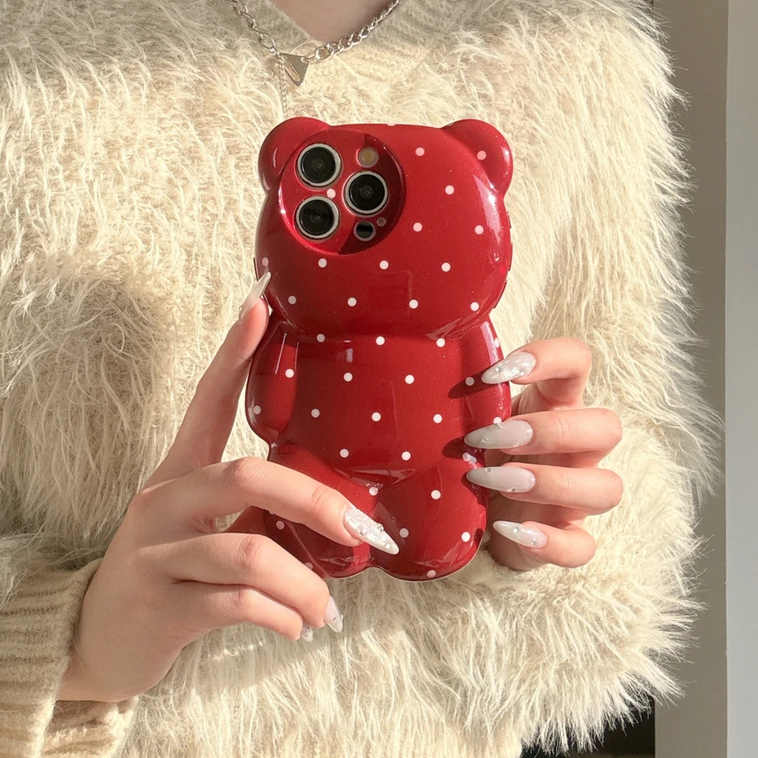 立体红色波点小熊适用苹果15手机壳新年iPhone16ProMax新款11防摔