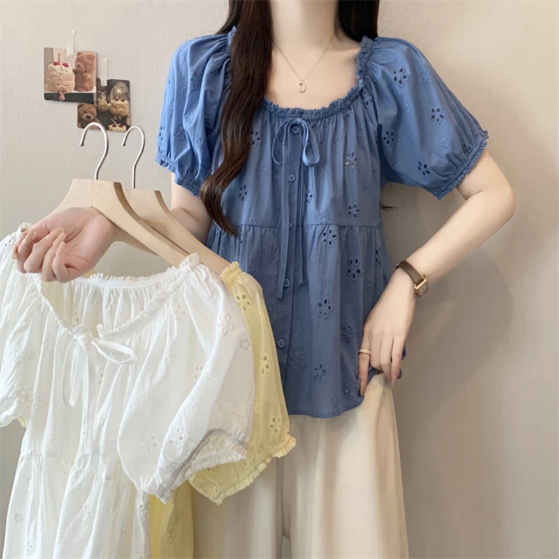 大码方领水溶刺绣花朵图案短款泡泡袖系带小衫女夏