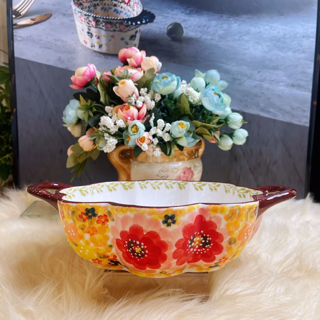 阿勒玛新疆包邮【莫奈花园】家用釉下彩欧式汤盘双耳9寸双耳汤锅