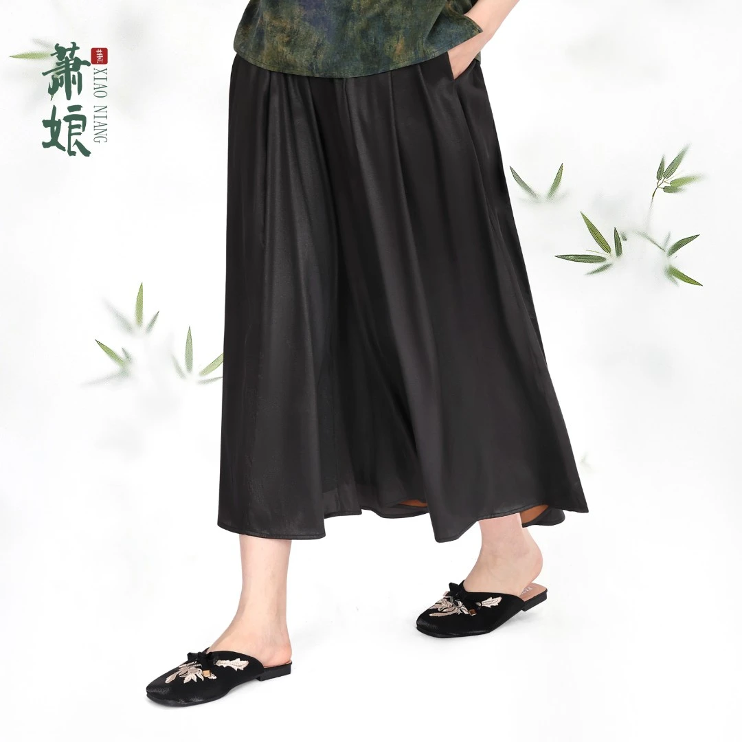 萧娘【晚卿】弹力缎裤裙新中式桑蚕丝宽松女裤国风大甩裤1884