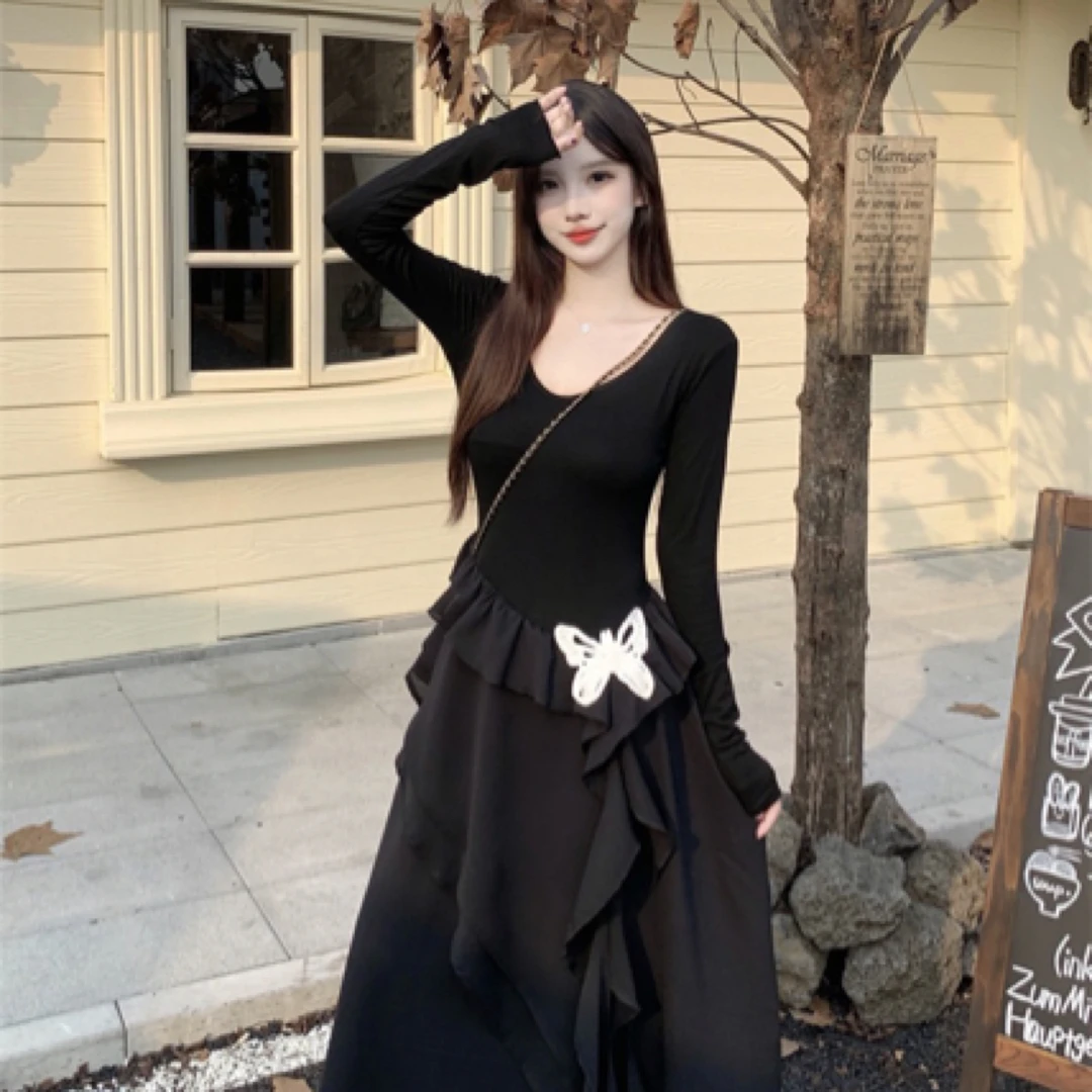 大码蝴蝶裙小黑裙不规则裙边纯色长袖连衣裙收腰显瘦