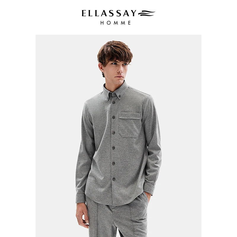 ELLASSAY歌力思男装美丽诺羊毛桑蚕丝微修身衬衫外套EME354C02000