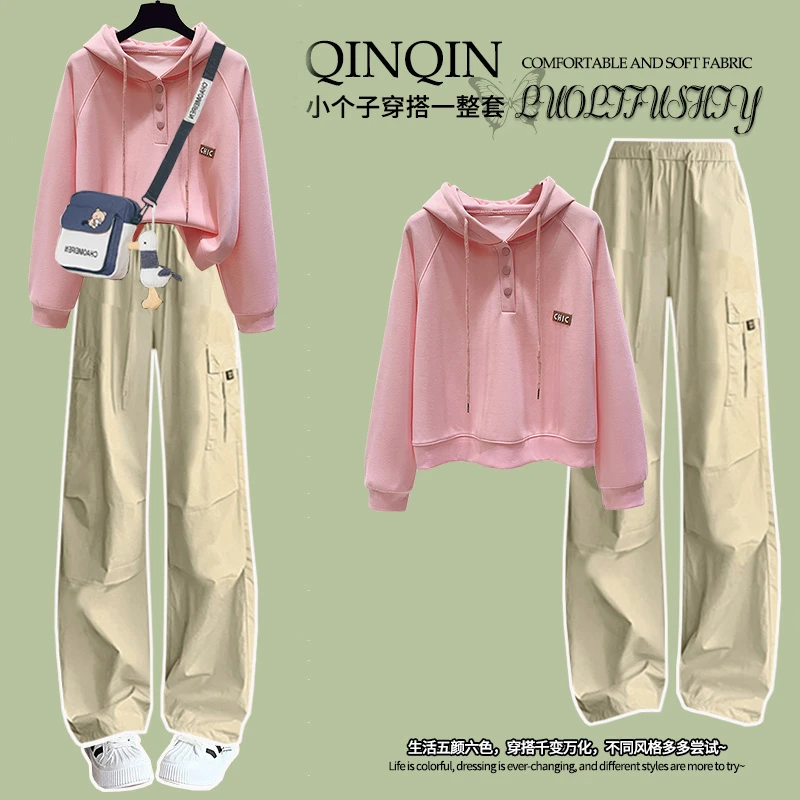 大童韩版女连帽长袖卫衣2025春秋款一整套穿搭工装裤阔腿裤套装潮