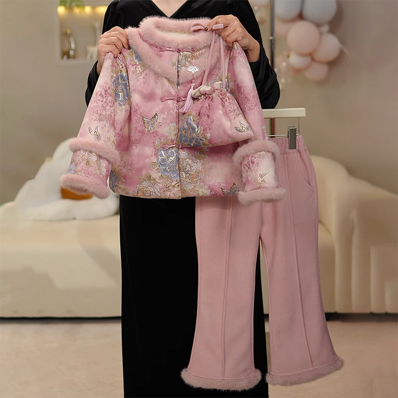 2025新款女童拜年服加绒加厚国风套装儿童新中式刺绣外套冬春季
