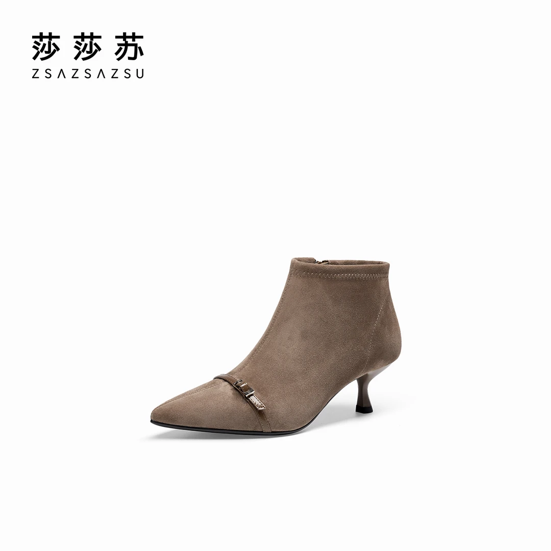 [西西里岛]莎莎苏冬雅丹风新款时尚尖头高跟短筒弹力靴ZA54720-11