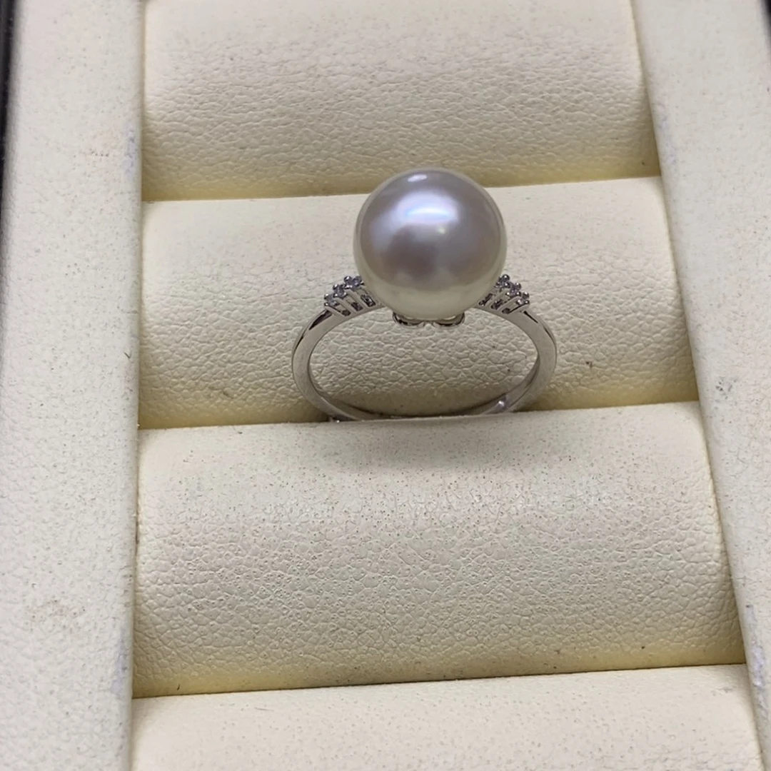 银S925镶嵌戒指海水珍珠澳白干枯金戒指10-11m m