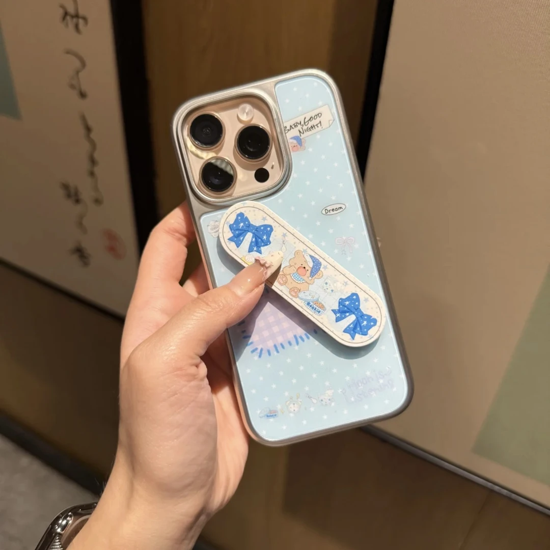 韩系ins波点小熊创可贴支架适用苹果17pro玻璃手机壳iPhone16女15