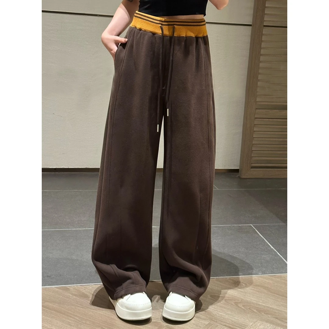 C10398美式复古休闲风宽松拼色腰头字母刺绣阔腿加绒卫裤休闲裤