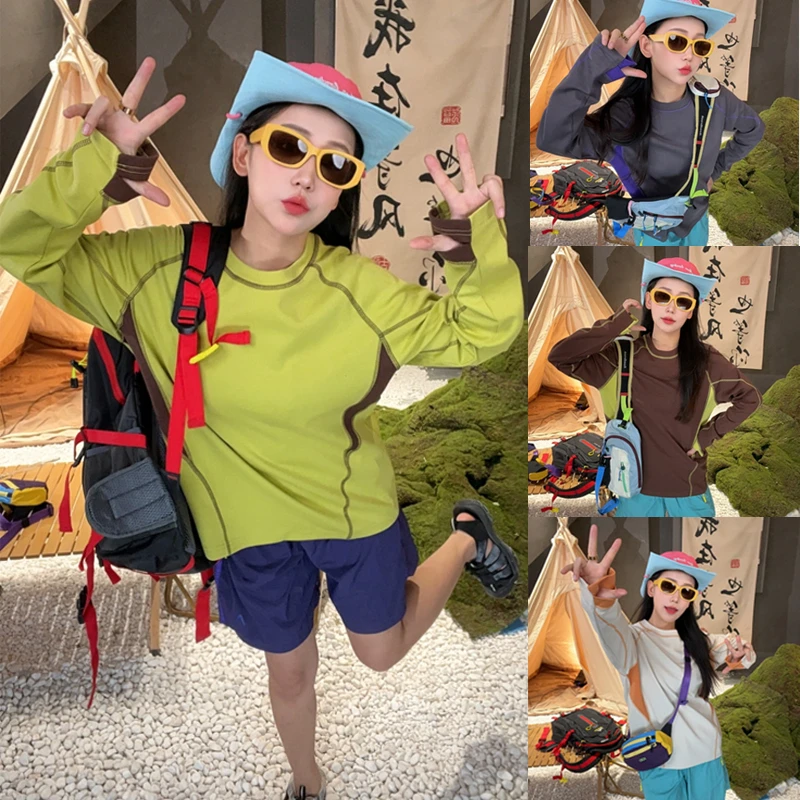 山系轻潮！情侣款廓形插肩袖户外拼接运动长袖T恤打底衫潮流