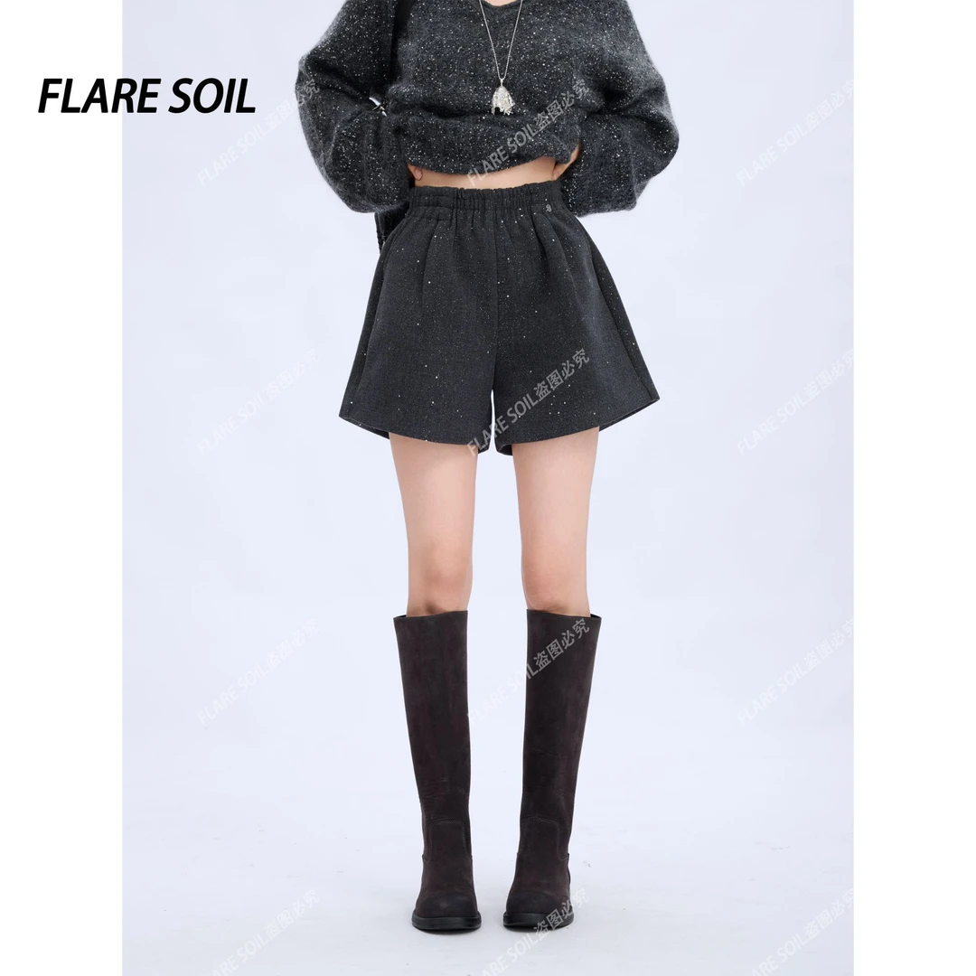 【FLARE SOIL】（现货）细闪短裤松紧腰毛呢料子拼接短裤裤子 T40050B