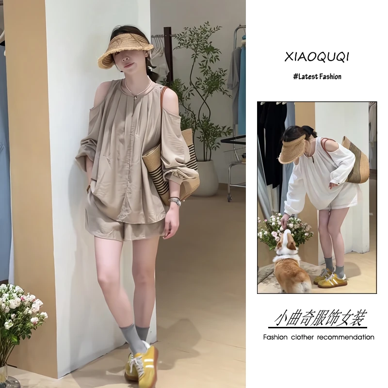 今年流行穿搭一整套2025新款韩版高级感休闲风露肩衬衫短裤两件套