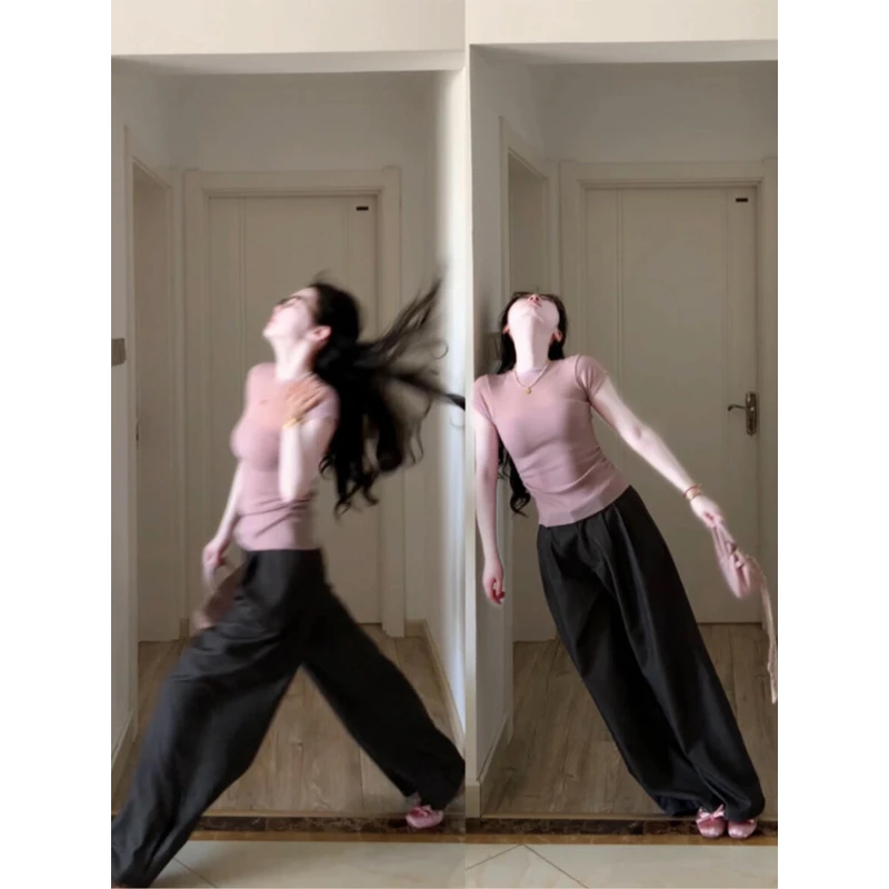 粉色辣妹短袖修身显瘦T恤上衣休闲裤长裤西装裤拖地阔腿裤直筒裤