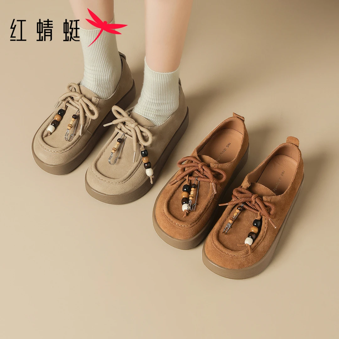 红蜻蜓女士中跟秋季纯色百搭复古系带休闲风圆头平底时尚乐福鞋