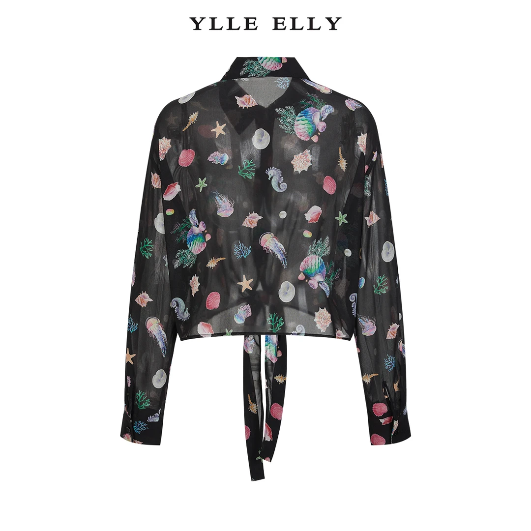【珊珊专属】YLLEELLY时尚印花衬衫2024夏季新款微透系带衬衣女