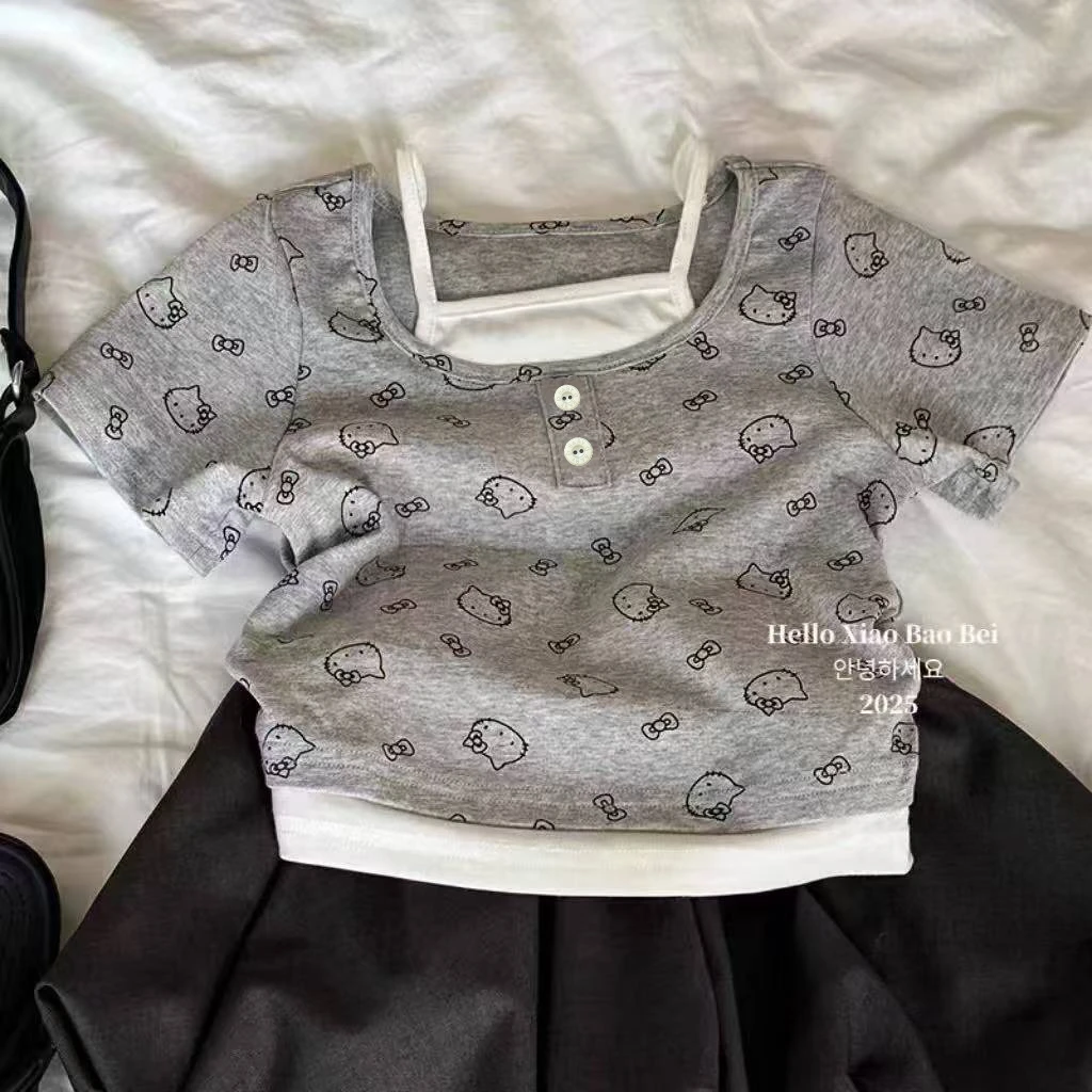 假两件宝宝短袖甜美风上衣春秋季假两件T恤女宝打底衫