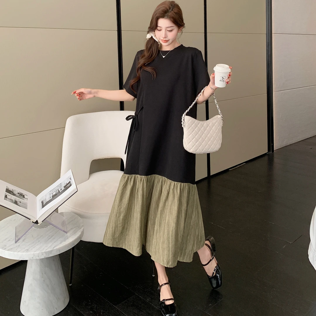 懒人大码宽松显瘦假两件长款T恤裙女夏季新款圆领短袖连衣裙长裙