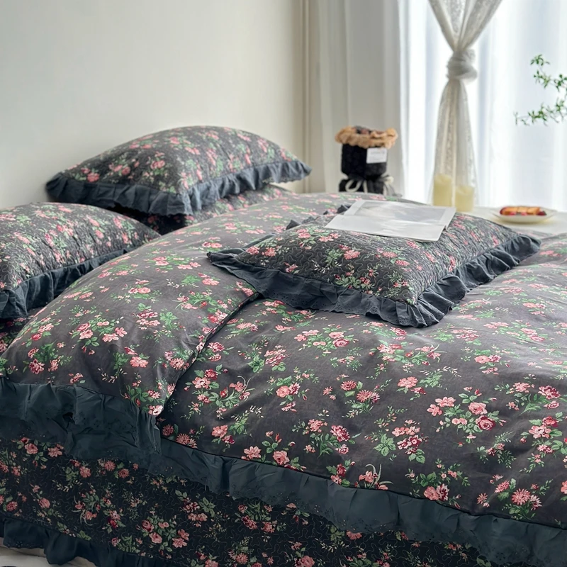 全棉法式砂洗棉花床盖款被套四件套