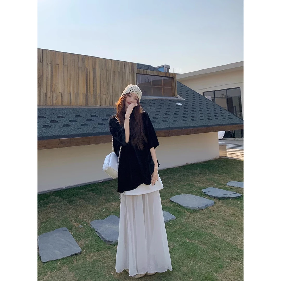 松弛感穿搭宽松短袖T恤显瘦网纱半身裙女2025夏季百搭时尚套装潮