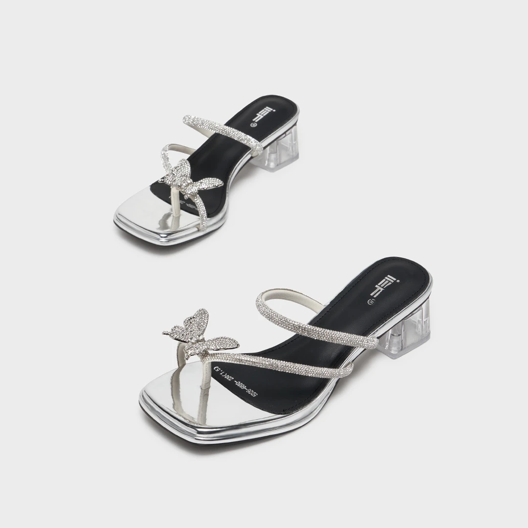 IEF/爱依服女鞋2025夏季新款法式名媛气质水钻方头粗跟拖鞋流光风