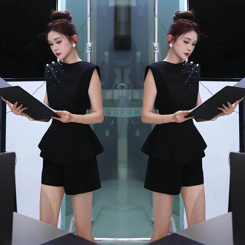 OL名媛风珍珠套装 夏季通勤法式感两件套 静奢风设计砍袖飘逸下装