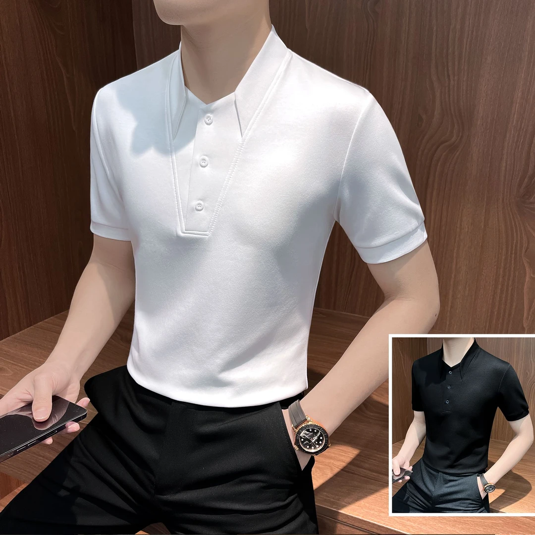 白色V领POLO衫男款2025新款轻奢高级感男装商务休闲男士短袖T恤