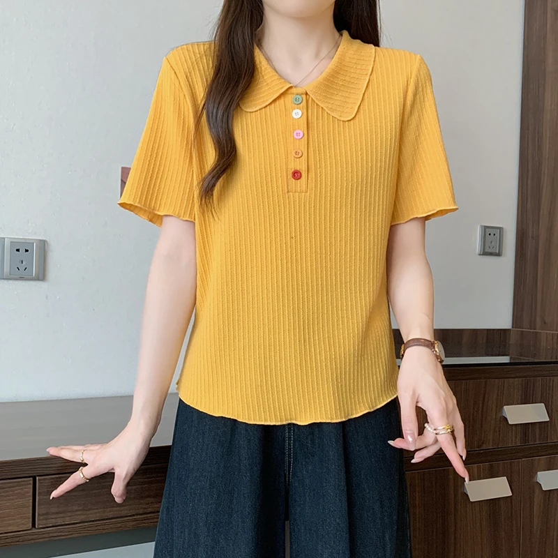 多巴胺橘色polo领正肩短袖T恤女2025夏季新款大码胖mm彩色扣上衣