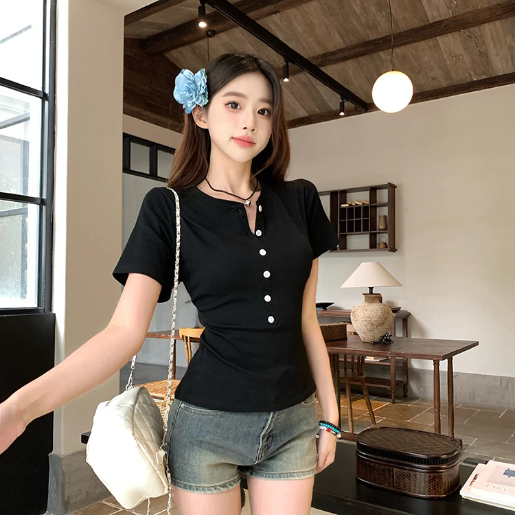 4424大码女装胖MM时尚简约百搭撞色扣子修身显瘦设计短袖T恤5822