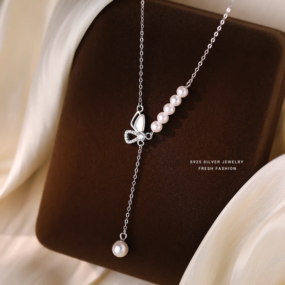 坠链均925银 施家珠蝴蝶项链女拼接感珍珠流苏小众设计轻奢锁骨链
