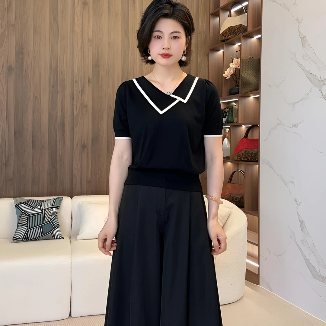 "清"[海军领]优雅小衫 设计师款百搭短袖天丝针织衫上衣